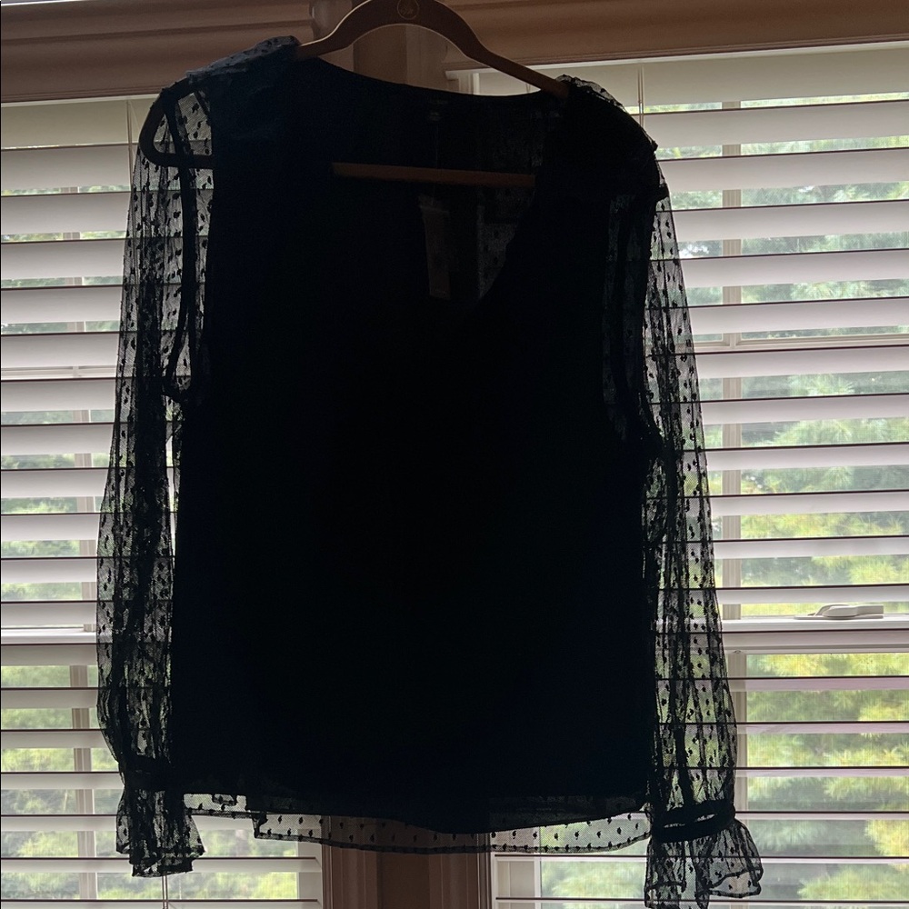 J. Crew Black Sheer Blouse with Polka Dot Sleeves